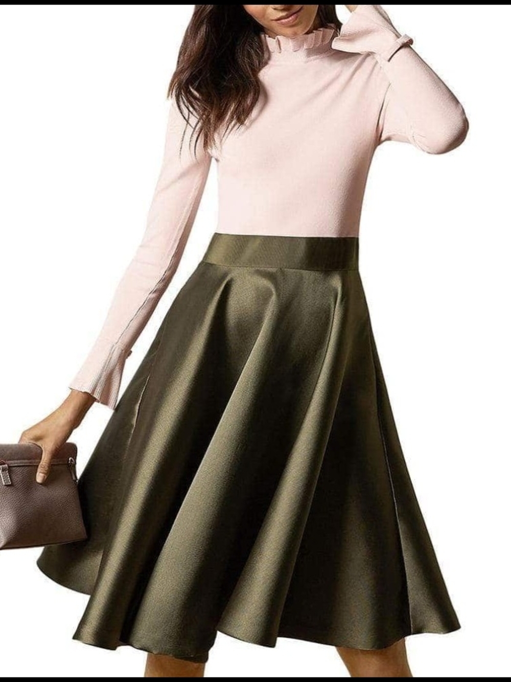 Ted Baker Zadi Knitted Frill Full Skirt Dress Size 2/US 6 Khaki Pink Green NWT